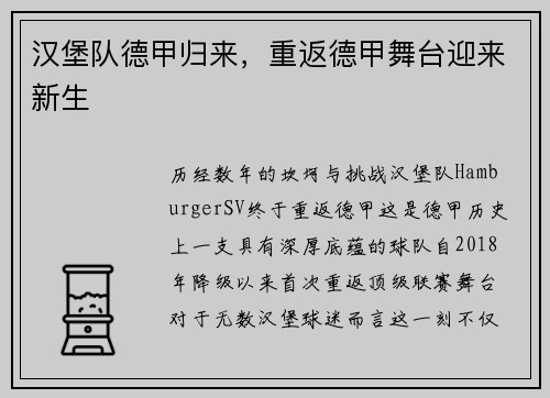 汉堡队德甲归来，重返德甲舞台迎来新生