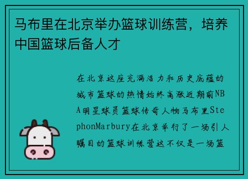 马布里在北京举办篮球训练营，培养中国篮球后备人才