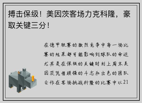 搏击保级！美因茨客场力克科隆，豪取关键三分！